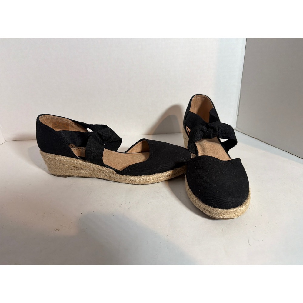 Sperry Velocity Espadrille Wedge Sandals Black Canvas Jute Low Heel Womens 10m